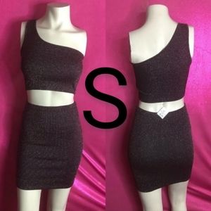 🆕Black & Pink Metallic Two Piece Crop Top & Mini Skirt Set~Size S